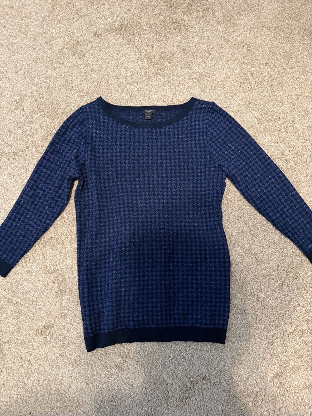 Ann Taylor Factory Navy Houndstooth Crewneck Sweater